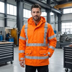 Man wearing custom orange hi-vis reflective safety jacket in industrial workshop setting – custom workwear lifestyle photo