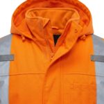 Close-up of orange hi-vis reflective jacket collar, zipper and hood detail – custom safety workwear construction