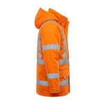 Custom orange hi-vis reflective safety jacket side view with silver reflective strips – custom workwear