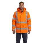 Man wearing custom orange hi-vis reflective safety jacket with dark cargo trousers – custom workwear with model