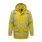 Custom yellow hi-vis reflective safety jacket with silver reflective strips and multiple pockets – custom workwear