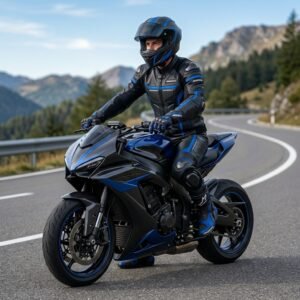Rider wearing a full motorbike suit and heated gloves, standing in full gear ready for cold-weather riding.