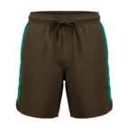 Front view of men’s rugby training shorts in brown with elastic waistband and small hem logo icon, displayed on a plain background.