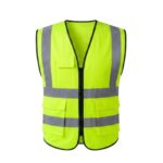 Custom fluorescent yellow hi-vis safety vest with silver reflective strips and multiple pockets – custom workwear