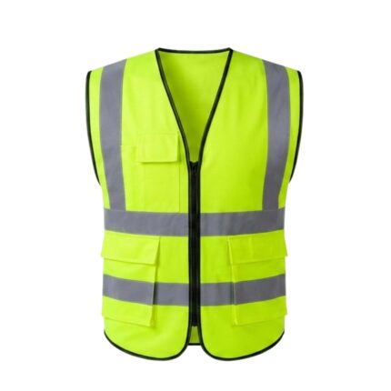 Custom fluorescent yellow hi-vis safety vest with silver reflective strips and multiple pockets – custom workwear