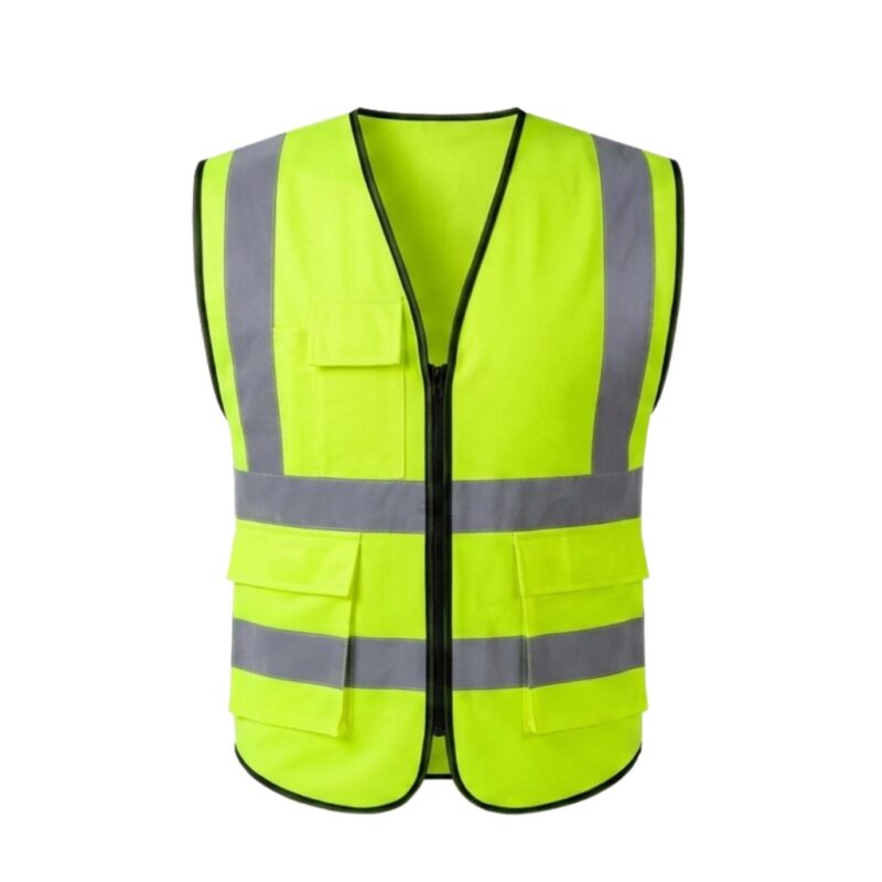 Custom fluorescent yellow hi-vis safety vest with silver reflective strips and multiple pockets – custom workwear