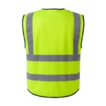 Custom yellow hi-vis safety vest back view showing horizontal silver reflective strips – custom workwear