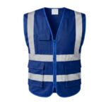 Custom royal blue hi-vis safety vest with silver reflective strips and cargo pockets – custom workwear