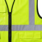 Close-up of yellow hi-vis safety vest showing zipper, reflective strips and ID badge pocket – workwear quality detail