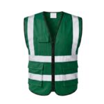 Custom green hi-vis safety vest with white reflective strips and cargo pockets – custom workwear