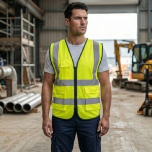 Man wearing custom fluorescent yellow hi-vis safety vest at construction site with heavy machinery – workwear lifestyle photo