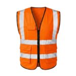 Custom orange hi-vis safety vest with white reflective strips and cargo pockets – custom workwear