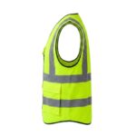 Custom fluorescent yellow hi-vis safety vest side view showing armhole and reflective strips – custom workwear