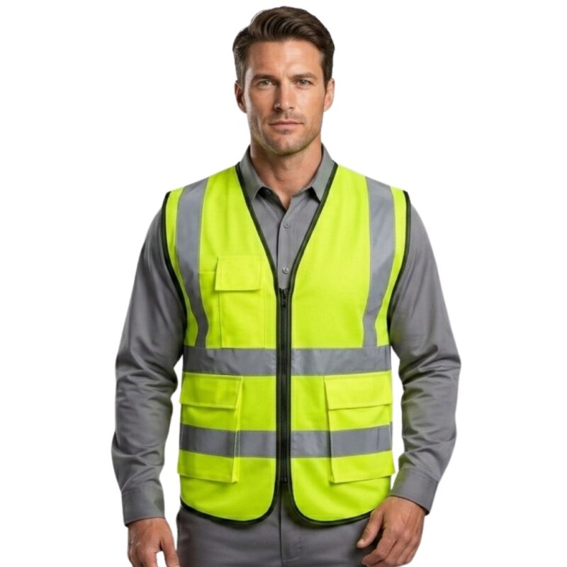 Man wearing custom fluorescent yellow hi-vis safety vest over grey shirt – custom workwear lifestyle photo
