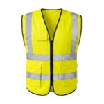 Custom bright yellow hi-vis safety vest with silver reflective strips and cargo pockets – custom workwear