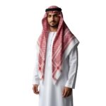 Model wearing a traditional shemagh kufiya scarf in a front view.