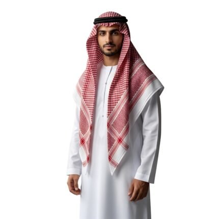 Model wearing a traditional shemagh kufiya scarf in a front view.