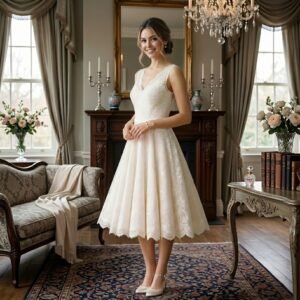 Collection of short wedding dresses displayed on mannequins.