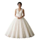 Ball gown short wedding dress displayed on a mannequin.