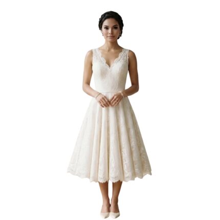 Front view of a model wearing a short wedding dress.