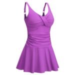 Front view of women’s modest skirted swimwear set in navy blue