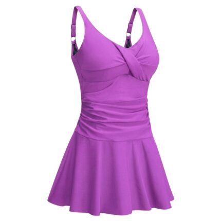 Front view of women’s modest skirted swimwear set in navy blue