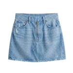 Custom sky blue colored denim mini skirt showcasing trendy Y2K retro style, manufactured by Eco Jersey Limited