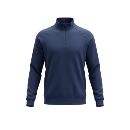 Full front view of a soccer quarter-zip training shirt laid flat, showing the stand collar with short zipper, long sleeves, and slim athletic fit.
