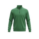 Green soccer quarter-zip training shirt laid flat, featuring a stand collar with short zipper, long sleeves, and a slim athletic fit.