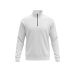White soccer quarter-zip training shirt laid flat, featuring a stand collar with short zipper, long sleeves, and a slim athletic fit