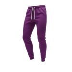 Purple soccer sweat pants laid flat, featuring an elastic waistband with drawstring, tapered legs, and cuffed ankles for a relaxed athletic fit.