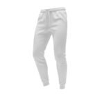 White soccer sweat pants laid flat, featuring an elastic waistband with drawstring, tapered legs, and cuffed ankles for a relaxed athletic fit.
