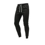 Black soccer sweat pants laid flat, featuring an elastic waistband with drawstring, tapered legs, and cuffed ankles for a relaxed athletic fit.