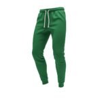 Green soccer sweat pants laid flat, featuring an elastic waistband with drawstring, tapered legs, and cuffed ankles for a relaxed athletic fit.