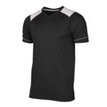 Front view of a charcoal soccer team jersey laid flat, featuring a crew neckline, short sleeves, and a bold white chest logo icon on smooth quick-dry fabric.