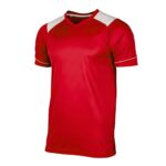 Front view of a red soccer team jersey laid flat, featuring a crew neckline, short sleeves, and a bold white chest logo icon on smooth quick-dry fabric.