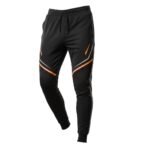 Orange and white soccer training joggers laid flat, featuring an elastic waistband with drawstring, tapered legs with cuffed ankles, and a bold sublimated side stripe with a logo icon.