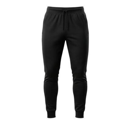 Full front view of soccer training joggers laid flat, featuring an elastic waistband with drawstring, tapered legs with cuffed ankles, and contrast side stripes with a small logo icon.