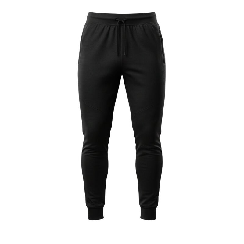 Full front view of soccer training joggers laid flat, featuring an elastic waistband with drawstring, tapered legs with cuffed ankles, and contrast side stripes with a small logo icon.