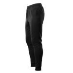 Side view of soccer training joggers laid flat, featuring an elastic waistband with drawstring, tapered legs with cuffed ankles, and contrast side stripes with a small logo icon.