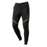 Black and green soccer training joggers laid flat, featuring an elastic waistband with drawstring, tapered legs with cuffed ankles, and a bold sublimated side stripe with a logo icon.