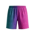 Blue gradient women’s soccer shorts laid flat, featuring a wide elastic waistband, curved hem, and sublimated ombre side design with a bold team logo icon on the leg.