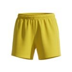 Full front view of women’s soccer shorts laid flat, featuring a wide elastic waistband, curved hem, and bold logo icon on the leg.