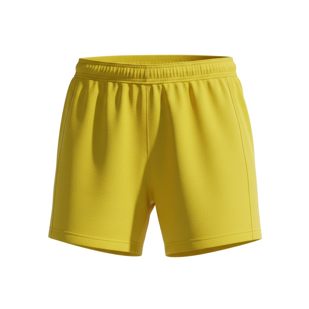 soccer-womens-shorts-front-full-view.jpg Full front view of women’s soccer shorts laid flat, featuring a wide elastic waistband, curved hem, and bold logo icon on the leg.