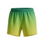 Green gradient women’s soccer shorts laid flat, featuring a wide elastic waistband, curved hem, and ombre design with a bold team logo icon on the leg.