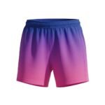 Purple gradient women’s soccer shorts laid flat, featuring a wide elastic waistband, curved hem, and ombre design with a bold team logo icon on the leg.