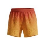 Yellow gradient women’s soccer shorts laid flat, featuring a wide elastic waistband, curved hem, and sublimated ombre design with a bold team logo icon on the leg.