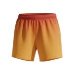 Yellow and red gradient women’s soccer shorts laid flat, featuring a wide elastic waistband, curved hem, and ombre design with a bold team logo icon on the leg.