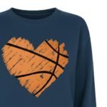 Close-up view of a women’s basketball sweatshirt, focusing on the chest logo icon, crew neckline, and upper front panel.