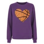 Front view of a women’s basketball sweatshirt laid flat, featuring a crew neckline, long sleeves, ribbed cuffs and hem, and a small logo icon on the chest.